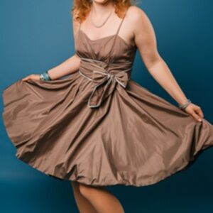 Vintage Taupe Bubble Hem Party Dress Bow Belt Y2K Cocktail Cindy Lauper